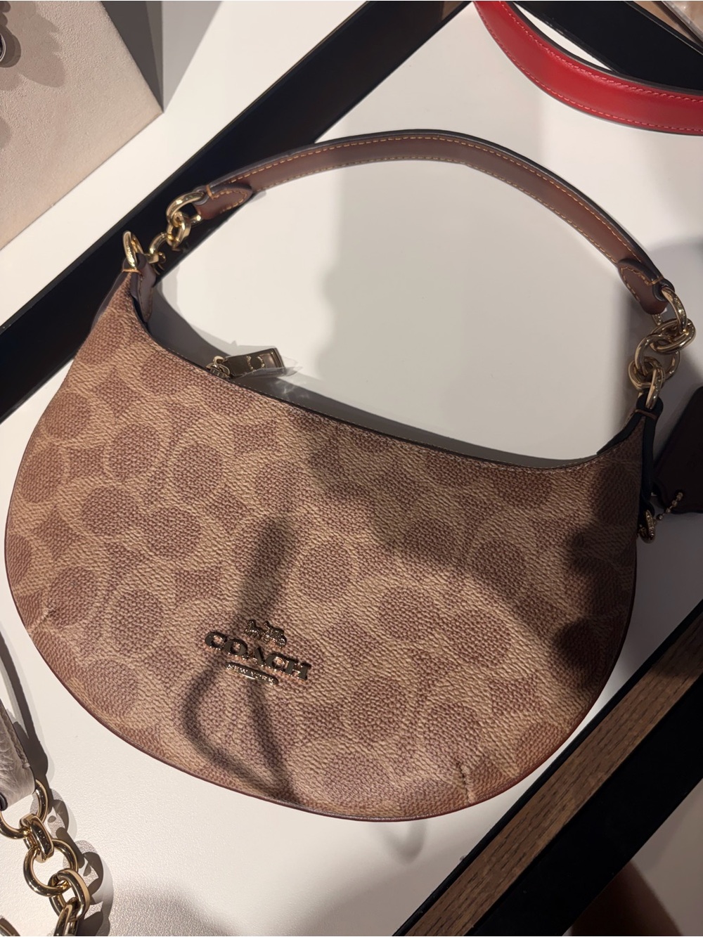 Coach  brown canvas / black Pebbled Leather Crescent Shoulder Bag new  with tag